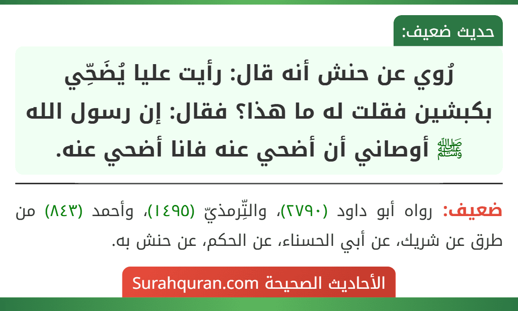 رُوي عن حنش أنه قال: رأيت عليا يُضَحِّي بكبشين فقلت له ما هذا؟ فقال: إن رسول الله ﷺ أوصاني أن أضحي عنه فانا أضحي عنه. رُوي عن حنش أنه قال: رأيت عليا يُضَحِّي بكبشين فقلت له ما هذا؟ فقال: إن رسول الله ﷺ أوصاني أن أضحي عنه فانا أضحي عنه.