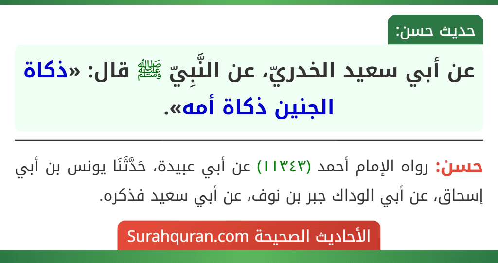 عن أبي سعيد الخدريّ، عن النَّبِيّ ﷺ قال: «ذكاة الجنين ذكاة أمه».