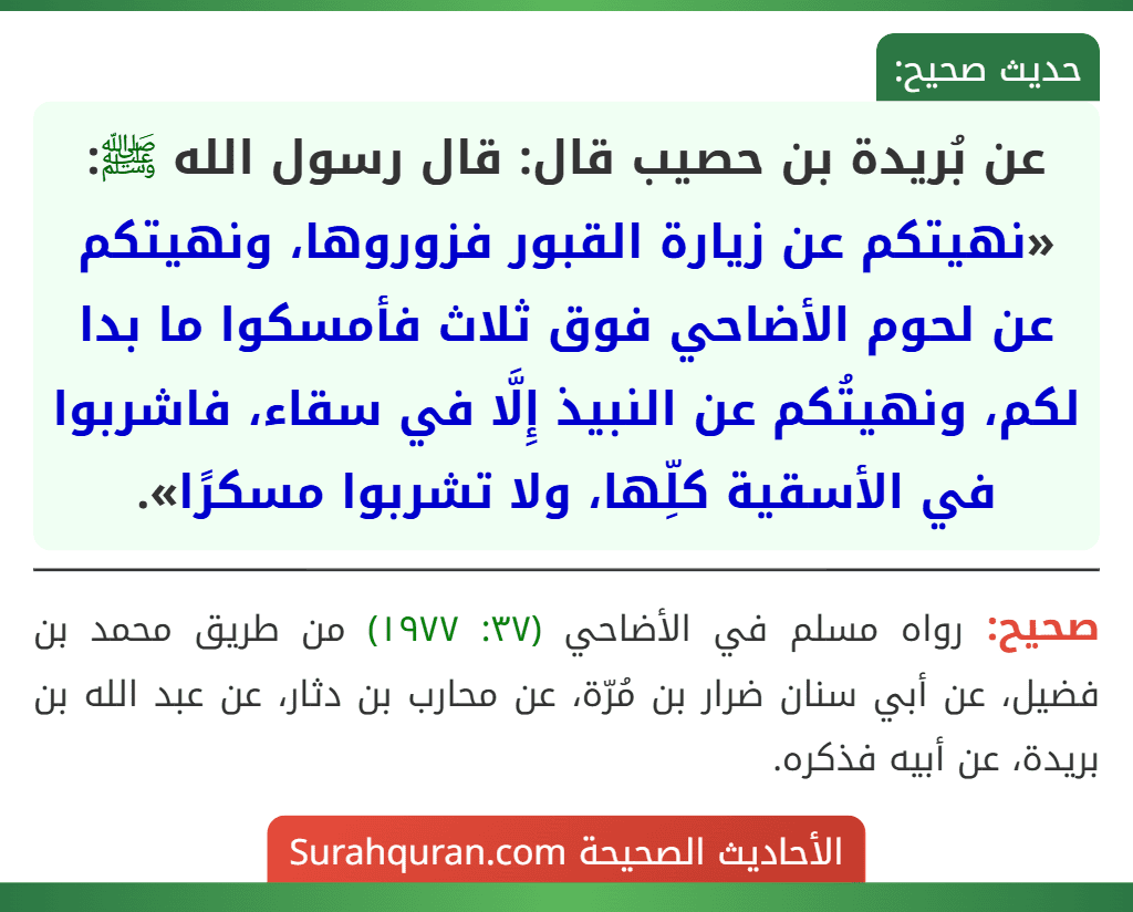 عن بُريدة بن حصيب قال: قال رسول الله ﷺ: «نهيتكم عن زيارة القبور فزوروها، ونهيتكم عن لحوم الأضاحي فوق ثلاث فأمسكوا ما بدا لكم، ونهيتُكم عن النبيذ إِلَّا في سقاء، فاشربوا في الأسقية كلِّها، ولا تشربوا مسكرًا».