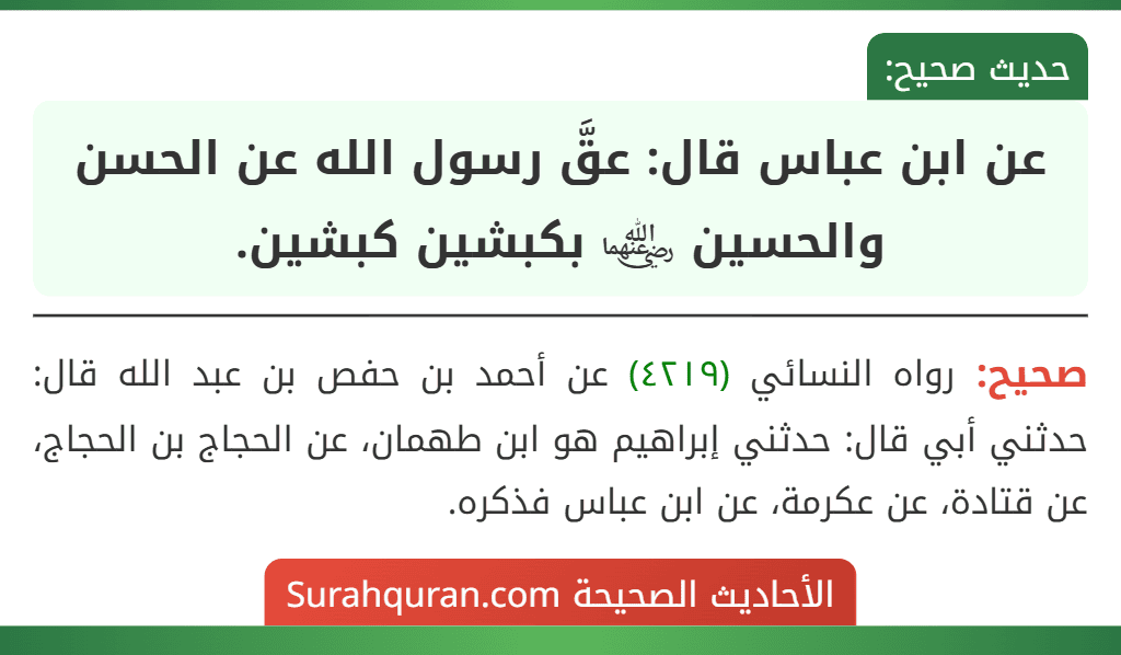 عن ابن عباس قال: عقَّ رسول الله عن الحسن والحسين ﵄ بكبشين كبشين.