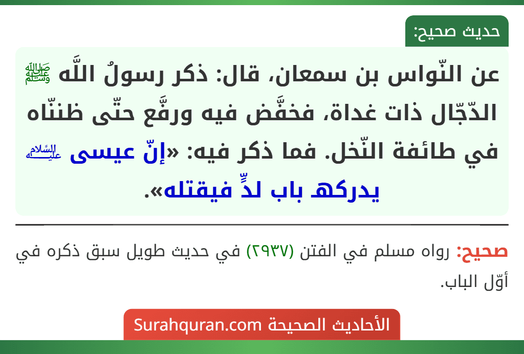 عن النّواس بن سمعان، قال: ذكر رسولُ اللَّه ﷺ الدّجّال ذات غداة، فخفَّض فيه ورفَّع حتّى ظننّاه في طائفة النّخل. فما ذكر فيه: «إنّ عيسى ﵇ يدركهـ باب لدٍّ فيقتله».