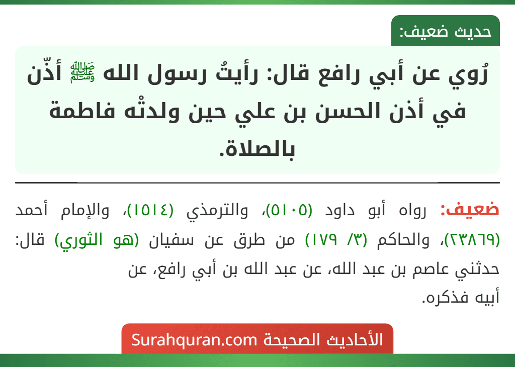 رُوي عن أبي رافع قال: رأيتُ رسول الله ﷺ أذّن في أذن الحسن بن علي حين ولدتْه فاطمة بالصلاة.