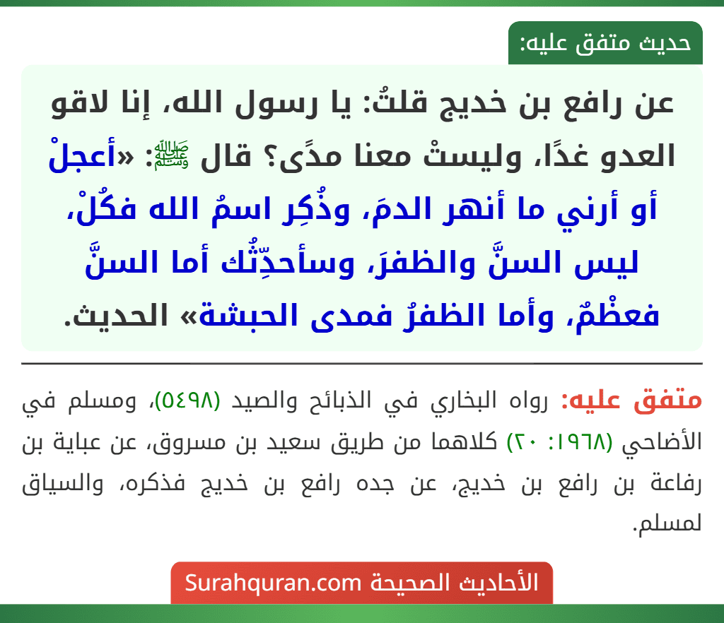 عن رافع بن خديج قلتُ: يا رسول الله، إنا لاقو العدو غدًا، وليستْ معنا مدًى؟ قال ﷺ: «أعجلْ أو أرني ما أنهر الدمَ، وذُكِر اسمُ الله فكُلْ، ليس السنَّ والظفرَ، وسأحدِّثُك أما السنَّ فعظْمٌ، وأما الظفرُ فمدى الحبشة» الحديث.