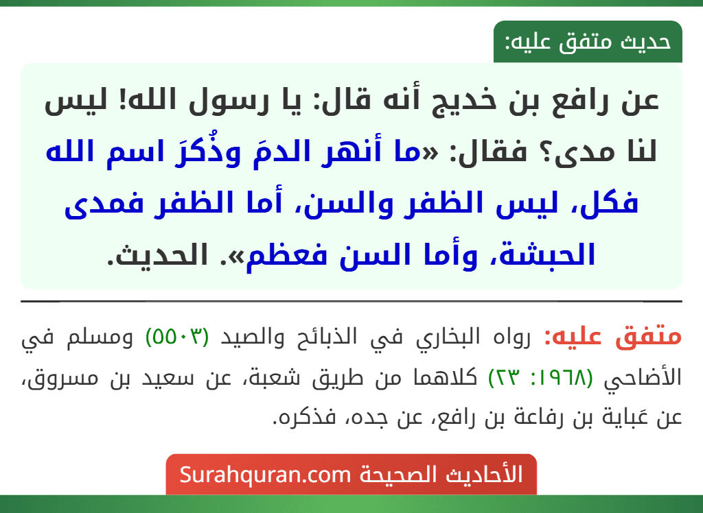عن رافع بن خديج أنه قال: يا رسول الله! ليس لنا مدى؟ فقال: «ما أنهر الدمَ وذُكرَ اسم الله فكل، ليس الظفر والسن، أما الظفر فمدى الحبشة، وأما السن فعظم». الحديث.