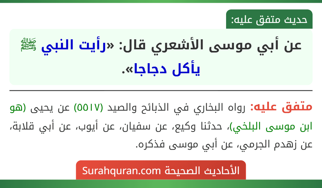 عن أبي موسى الأشعري قال: «رأيت النبي ﷺ يأكل دجاجا». عن أبي موسى الأشعري قال: «رأيت النبي ﷺ يأكل دجاجا».