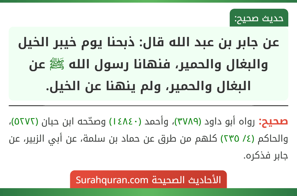 عن جابر بن عبد الله قال: ذبحنا يوم خيبر الخيل والبغال والحمير، فنهانا رسول الله ﷺ عن البغال والحمير، ولم ينهنا عن الخيل. عن جابر بن عبد الله قال: ذبحنا يوم خيبر الخيل والبغال والحمير، فنهانا رسول الله ﷺ عن البغال والحمير، ولم ينهنا عن الخيل.