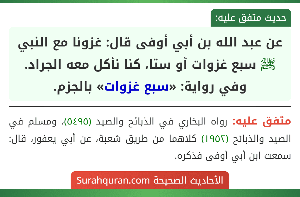 عن عبد الله بن أبي أوفى قال: غزونا مع النبي ﷺ سبع غزوات أو ستا، كنا نأكل معه الجراد. وفي رواية: «سبع غزوات» بالجزم.