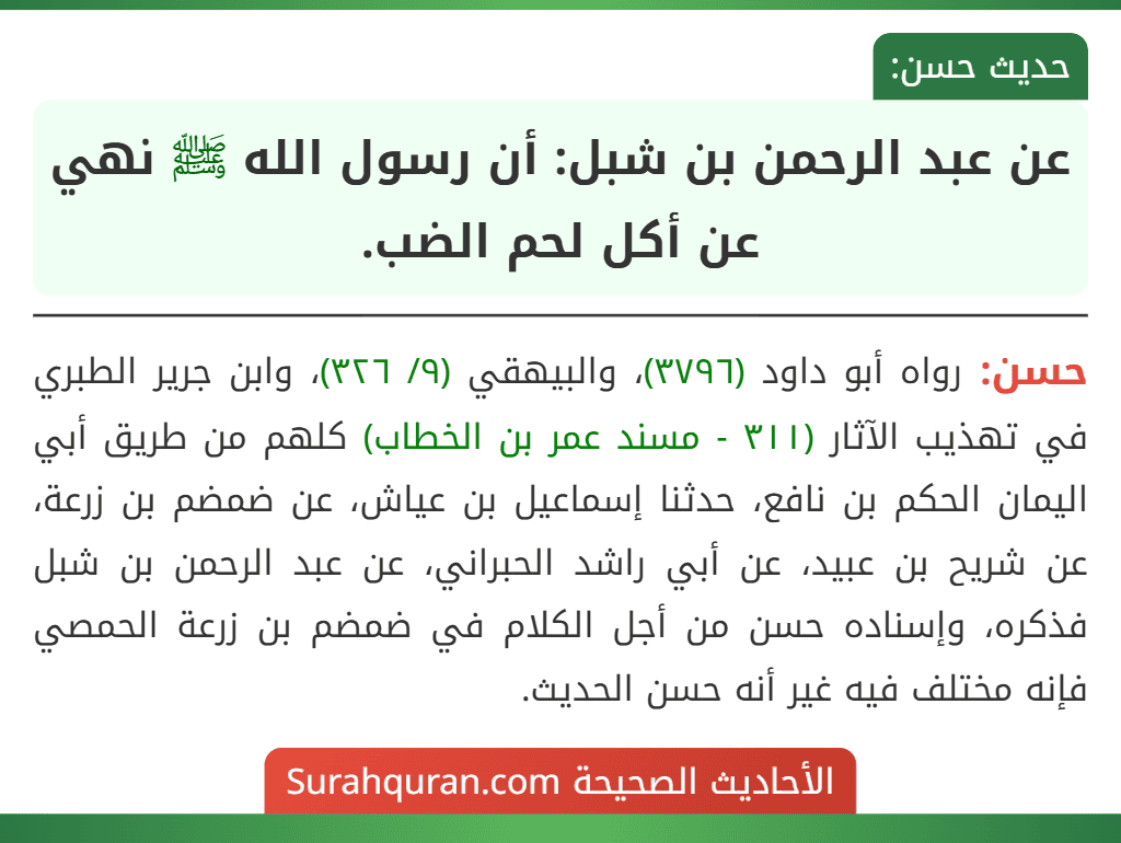 عن عبد الرحمن بن شبل: أن رسول الله ﷺ نهي عن أكل لحم الضب. عن عبد الرحمن بن شبل: أن رسول الله ﷺ نهي عن أكل لحم الضب.