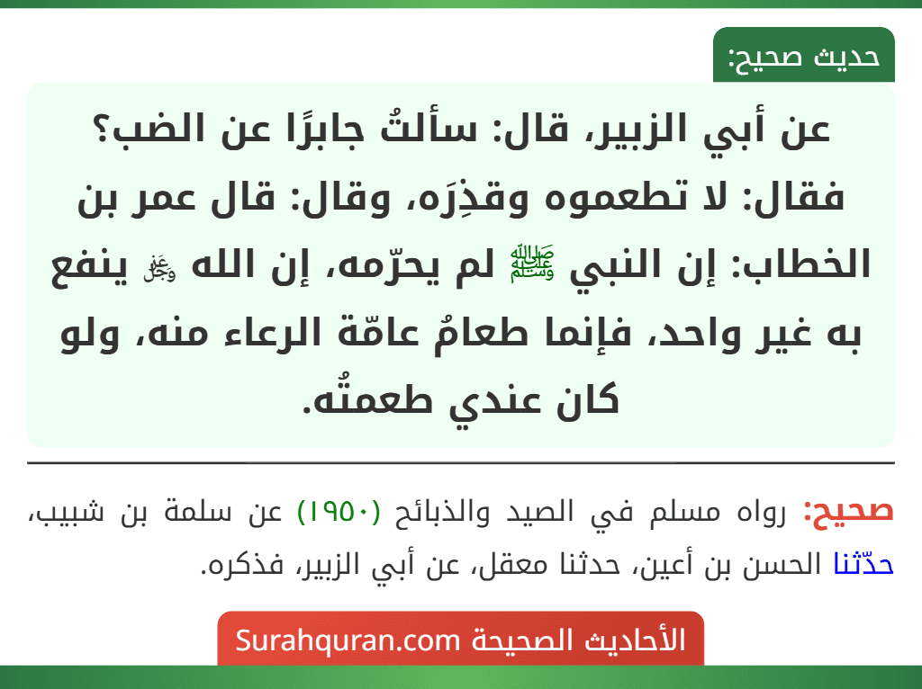عن أبي الزبير، قال: سألتُ جابرًا عن الضب؟ فقال: لا تطعموه وقذِرَه، وقال: قال عمر بن الخطاب: إن النبي ﷺ لم يحرّمه، إن الله ﷿ ينفع به غير واحد، فإنما طعامُ عامّة الرعاء منه، ولو كان عندي طعمتُه.