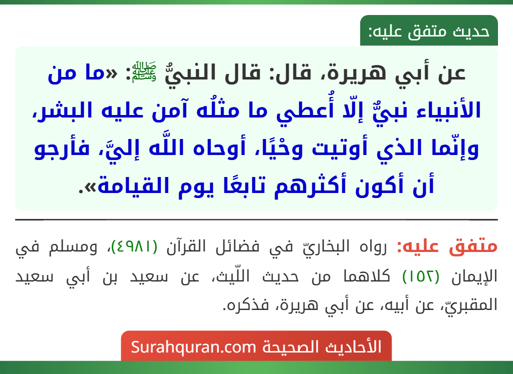 عن أبي هريرة، قال: قال النبيُّ ﷺ: «ما من الأنبياء نبيٌّ إلّا أُعطي ما مثلُه آمن عليه البشر، وإنّما الذي أوتيت وحْيًا، أوحاه اللَّه إليَّ، فأرجو أن أكون أكثرهم تابعًا يوم القيامة».