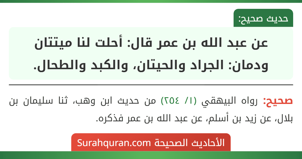 عن عبد الله بن عمر قال: أحلت لنا ميتتان ودمان: الجراد والحيتان، والكبد والطحال.
