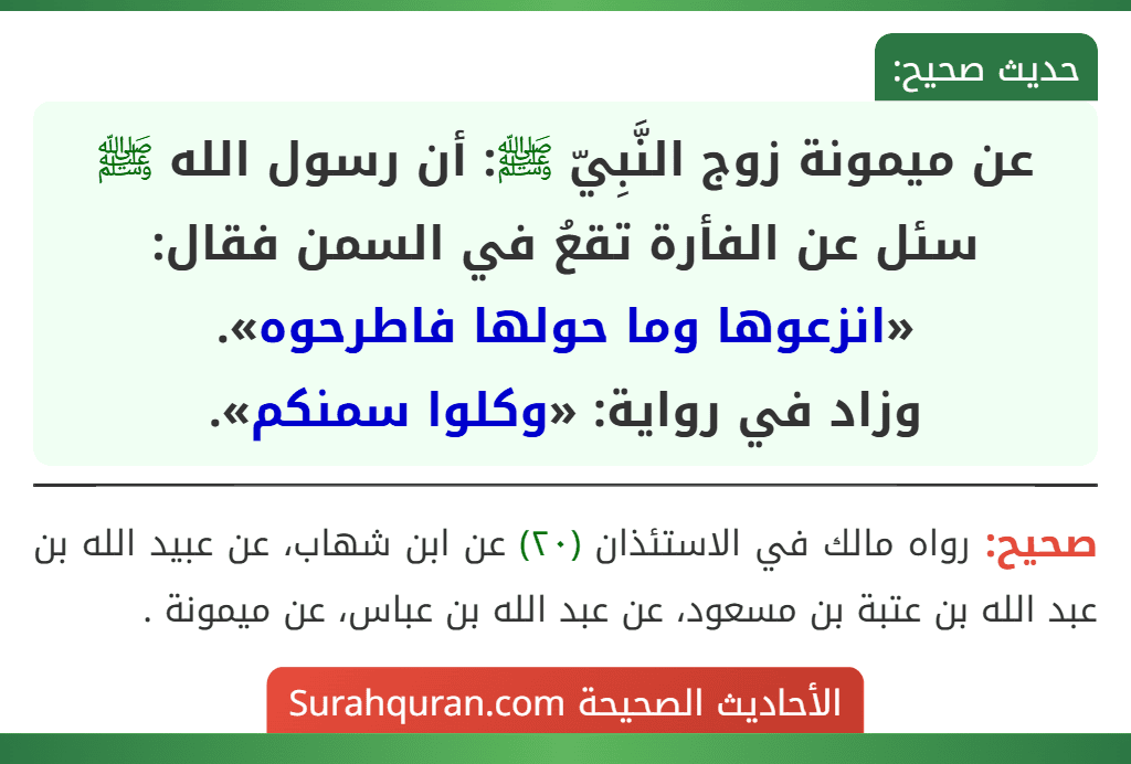 عن ميمونة زوج النَّبِيّ ﷺ: أن رسول الله ﷺ سئل عن الفأرة تقعُ في السمن فقال: «انزعوها وما حولها فاطرحوه».
وزاد في رواية: «وكلوا سمنكم».
