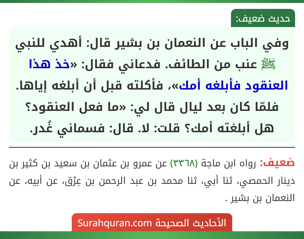 وفي الباب عن النعمان بن بشير قال: أهدي للنبي ﷺ عنب من الطائف. فدعاني فقال: «خذ هذا العنقود فأبلغه أمك»، فأكلته قبل أن أبلغه إياها. فلمّا كان بعد ليال قال لي: «ما فعل العنقود؟ هل أبلغته أمك؟ قلت: لا. قال: فسماني غُدر. وفي الباب عن النعمان بن بشير قال: أهدي للنبي ﷺ عنب من الطائف. فدعاني فقال: «خذ هذا العنقود فأبلغه أمك»، فأكلته قبل أن أبلغه إياها. فلمّا كان بعد ليال قال لي: «ما فعل العنقود؟ هل أبلغته أمك؟ قلت: لا. قال: فسماني غُدر.