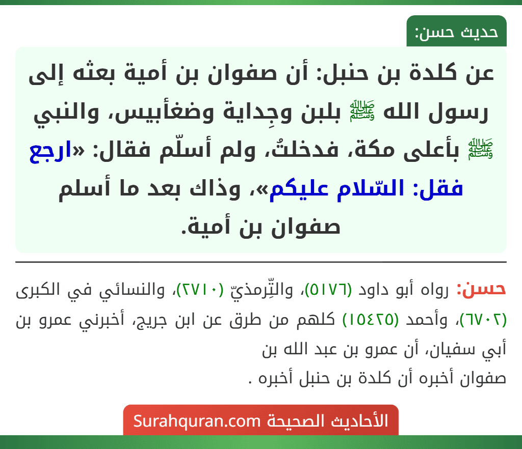 عن كلدة بن حنبل: أن صفوان بن أمية بعثه إلى رسول الله ﷺ بلبن وجِداية وضغأبيس، والنبي ﷺ بأعلى مكة، فدخلتُ، ولم أسلّم فقال: «ارجع فقل: السّلام عليكم»، وذاك بعد ما أسلم صفوان بن أمية.