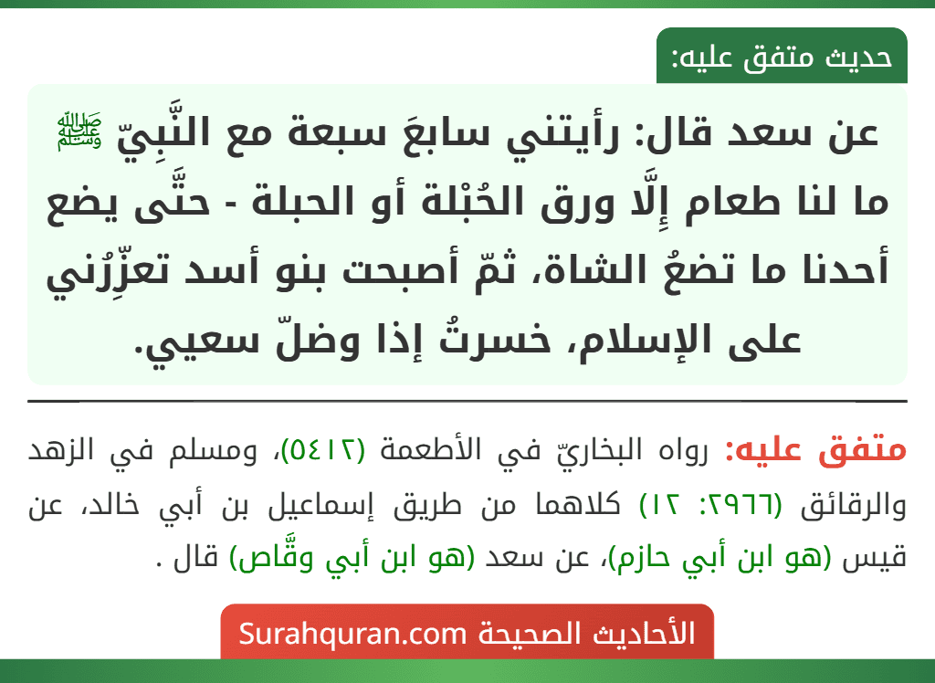 عن سعد قال: رأيتني سابعَ سبعة مع النَّبِيّ ﷺ ما لنا طعام إِلَّا ورق الحُبْلة أو الحبلة - حتَّى يضع أحدنا ما تضعُ الشاة، ثمّ أصبحت بنو أسد تعزِّرُني على الإسلام، خسرتُ إذا وضلّ سعيي. عن سعد قال: رأيتني سابعَ سبعة مع النَّبِيّ ﷺ ما لنا طعام إِلَّا ورق الحُبْلة أو الحبلة - حتَّى يضع أحدنا ما تضعُ الشاة، ثمّ أصبحت بنو أسد تعزِّرُني على الإسلام، خسرتُ إذا وضلّ سعيي.