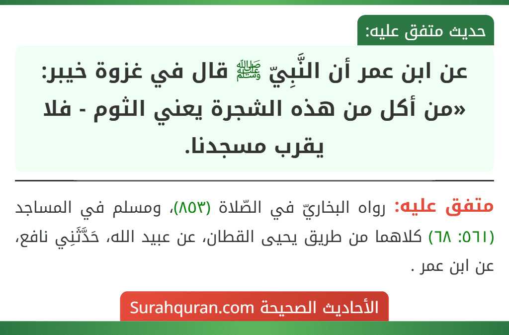 عن ابن عمر أن النَّبِيّ ﷺ قال في غزوة خيبر: «من أكل من هذه الشجرة يعني الثوم - فلا يقرب مسجدنا.