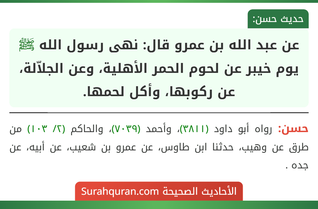 عن عبد الله بن عمرو قال: نهى رسول الله ﷺ يوم خيبر عن لحوم الحمر الأهلية، وعن الجلاّلة، عن ركوبها، وأكل لحمها.