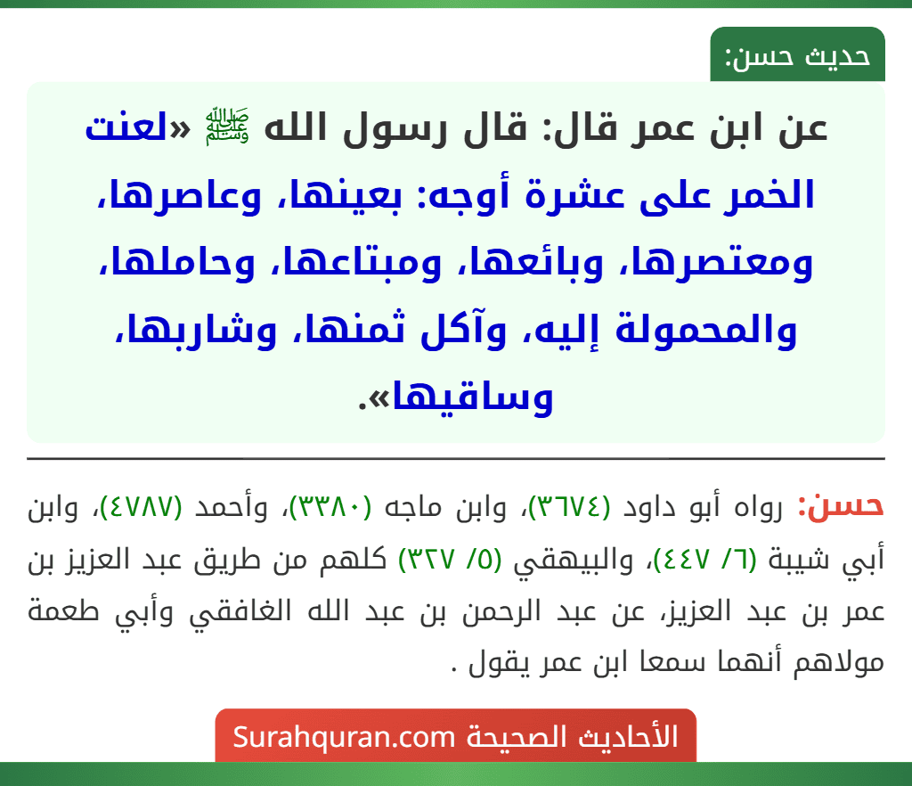 عن ابن عمر قال: قال رسول الله ﷺ «لعنت الخمر على عشرة أوجه: بعينها، وعاصرها، ومعتصرها، وبائعها، ومبتاعها، وحاملها، والمحمولة إليه، وآكل ثمنها، وشاربها، وساقيها».