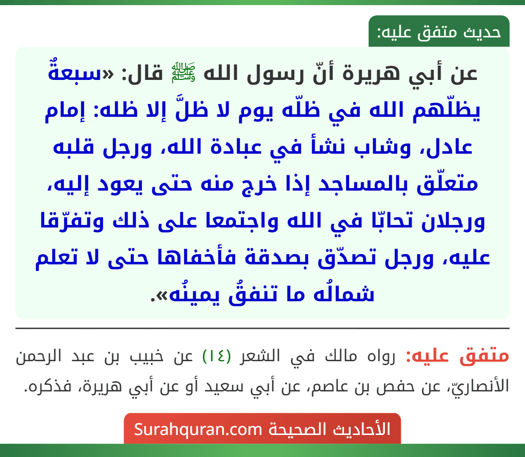 عن أبي هريرة أنّ رسول الله ﷺ قال: «سبعةٌ يظلّهم الله في ظلّه يوم لا ظلَّ إلا ظله: إمام عادل، وشاب نشأ في عبادة الله، ورجل قلبه متعلّق بالمساجد إذا خرج منه حتى يعود إليه، ورجلان تحابّا في الله واجتمعا على ذلك وتفرّقا عليه، ورجل تصدّق بصدقة فأخفاها حتى لا تعلم شمالُه ما تنفقُ يمينُه».