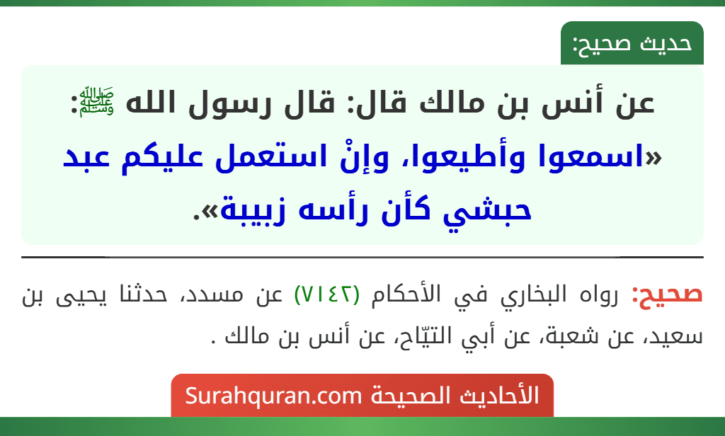 عن أنس بن مالك قال: قال رسول الله ﷺ: «اسمعوا وأطيعوا، وإنْ استعمل عليكم عبد حبشي كأن رأسه زبيبة». عن أنس بن مالك قال: قال رسول الله ﷺ: «اسمعوا وأطيعوا، وإنْ استعمل عليكم عبد حبشي كأن رأسه زبيبة».