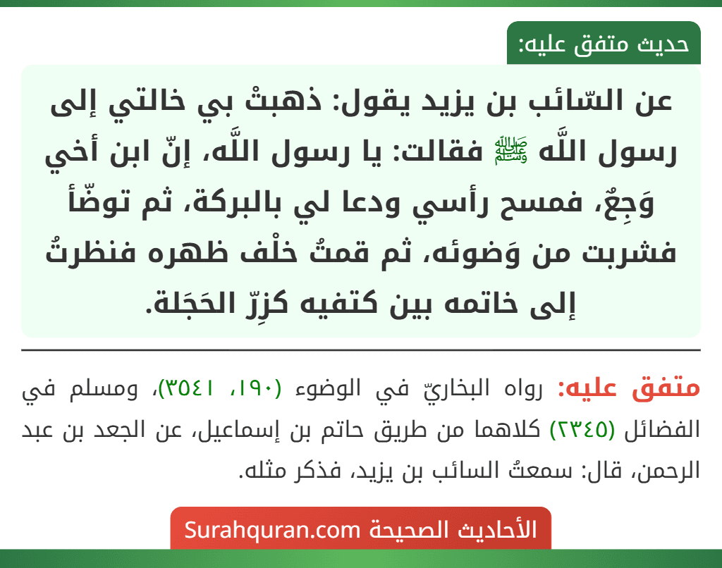 عن السّائب بن يزيد يقول: ذهبتْ بي خالتي إلى رسول اللَّه ﷺ فقالت: يا رسول اللَّه، إنّ ابن أخي وَجِعٌ، فمسح رأسي ودعا لي بالبركة، ثم توضّأ فشربت من وَضوئه، ثم قمتُ خلْف ظهره فنظرتُ إلى خاتمه بين كتفيه كزِرّ الحَجَلة.