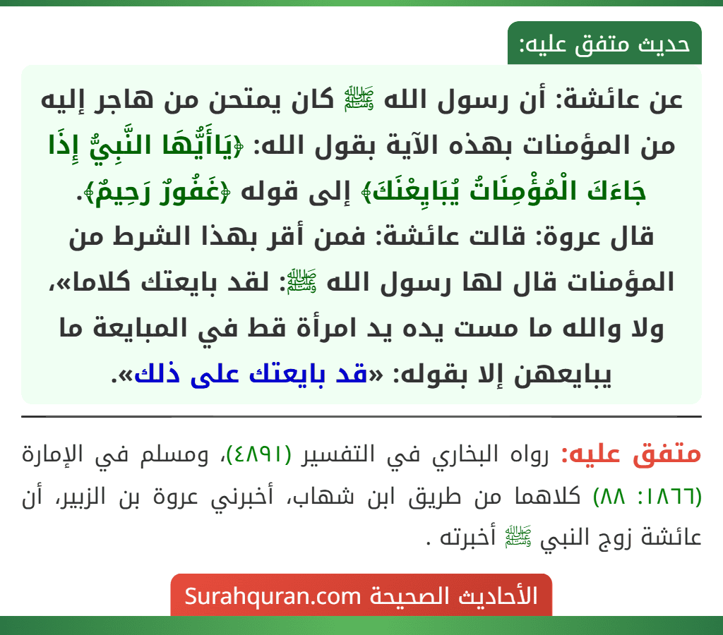 عن عائشة: أن رسول الله ﷺ كان يمتحن من هاجر إليه من المؤمنات بهذه الآية بقول الله: ﴿يَاأَيُّهَا النَّبِيُّ إِذَا جَاءَكَ الْمُؤْمِنَاتُ يُبَايِعْنَكَ﴾ إلى قوله ﴿غَفُورٌ رَحِيمٌ﴾.
قال عروة: قالت عائشة: فمن أقر بهذا الشرط من المؤمنات قال لها رسول الله ﷺ: لقد بايعتك كلاما»، ولا والله ما مست يده يد امرأة قط في المبايعة ما يبايعهن إلا بقوله: «قد بايعتك على ذلك». عن عائشة: أن رسول الله ﷺ كان يمتحن من هاجر إليه من المؤمنات بهذه الآية بقول الله: ﴿يَاأَيُّهَا النَّبِيُّ إِذَا جَاءَكَ الْمُؤْمِنَاتُ يُبَايِعْنَكَ﴾ إلى قوله ﴿غَفُورٌ رَحِيمٌ﴾.
قال عروة: قالت عائشة: فمن أقر بهذا الشرط من المؤمنات قال لها رسول الله ﷺ: لقد بايعتك كلاما»، ولا والله ما مست يده يد امرأة قط في المبايعة ما يبايعهن إلا بقوله: «قد بايعتك على ذلك».