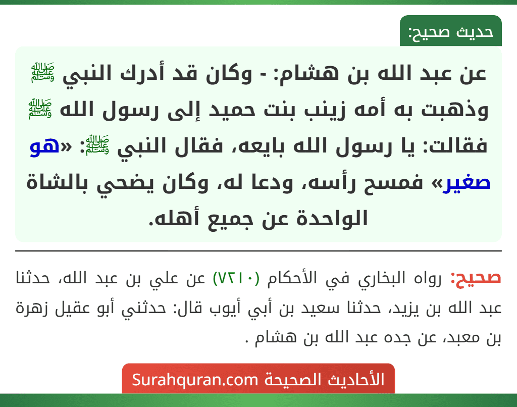 عن عبد الله بن هشام: - وكان قد أدرك النبي ﷺ وذهبت به أمه زينب بنت حميد إلى رسول الله ﷺ فقالت: يا رسول الله بايعه، فقال النبي ﷺ: «هو صغير» فمسح رأسه، ودعا له، وكان يضحي بالشاة الواحدة عن جميع أهله.