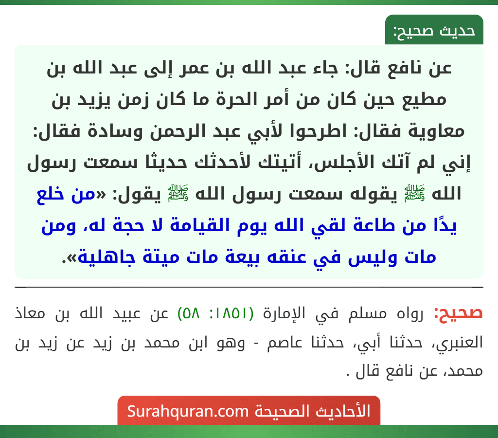 عن نافع قال: جاء عبد الله بن عمر إلى عبد الله بن مطيع حين كان من أمر الحرة ما كان زمن يزيد بن معاوية فقال: اطرحوا لأبي عبد الرحمن وسادة فقال: إني لم آتك الأجلس، أتيتك لأحدثك حديثا سمعت رسول الله ﷺ يقوله سمعت رسول الله ﷺ يقول: «من خلع يدًا من طاعة لقي الله يوم القيامة لا حجة له، ومن مات وليس في عنقه بيعة مات ميتة جاهلية».