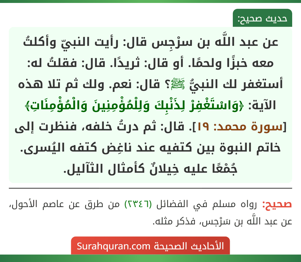 عن عبد اللَّه بن سرْجِس قال: رأيت النبيّ وأكلتُ معه خبزًا ولحمًا. أو قال: ثريدًا. قال: فقلتُ له: أستغفر لك النبيُّ ﷺ؟ قال: نعم. ولك ثم تلا هذه الآية: ﴿وَاسْتَغْفِرْ لِذَنْبِكَ وَلِلْمُؤْمِنِينَ وَالْمُؤْمِنَاتِ﴾ [سورة محمد: ١٩]. قال: ثم درتُ خلفه، فنظرت إلى خاتم النبوة بين كتفيه عند ناغِض كتفه اليُسرى. جُمْعًا عليه خِيلانٌ كأمثال الثآليل.