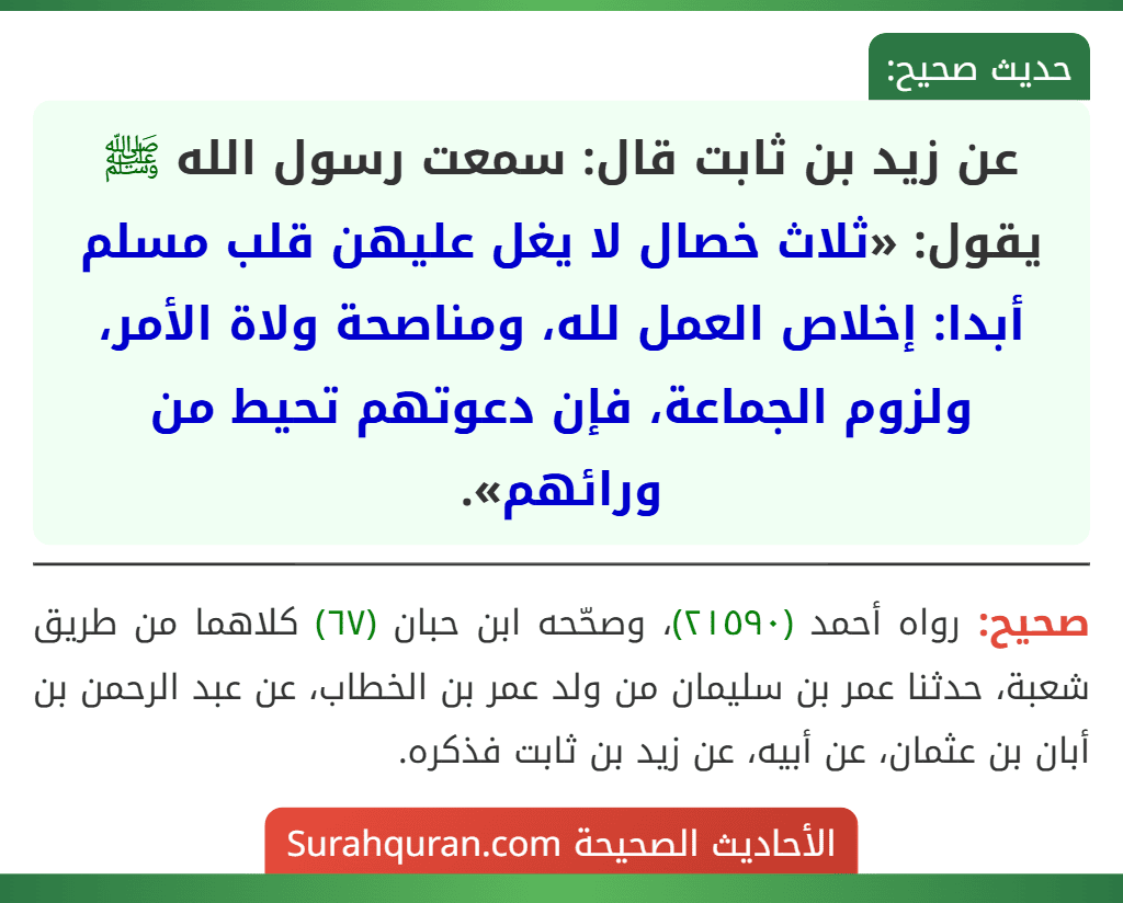 عن زيد بن ثابت قال: سمعت رسول الله ﷺ يقول: «ثلاث خصال لا يغل عليهن قلب مسلم أبدا: إخلاص العمل لله، ومناصحة ولاة الأمر، ولزوم الجماعة، فإن دعوتهم تحيط من ورائهم». عن زيد بن ثابت قال: سمعت رسول الله ﷺ يقول: «ثلاث خصال لا يغل عليهن قلب مسلم أبدا: إخلاص العمل لله، ومناصحة ولاة الأمر، ولزوم الجماعة، فإن دعوتهم تحيط من ورائهم».