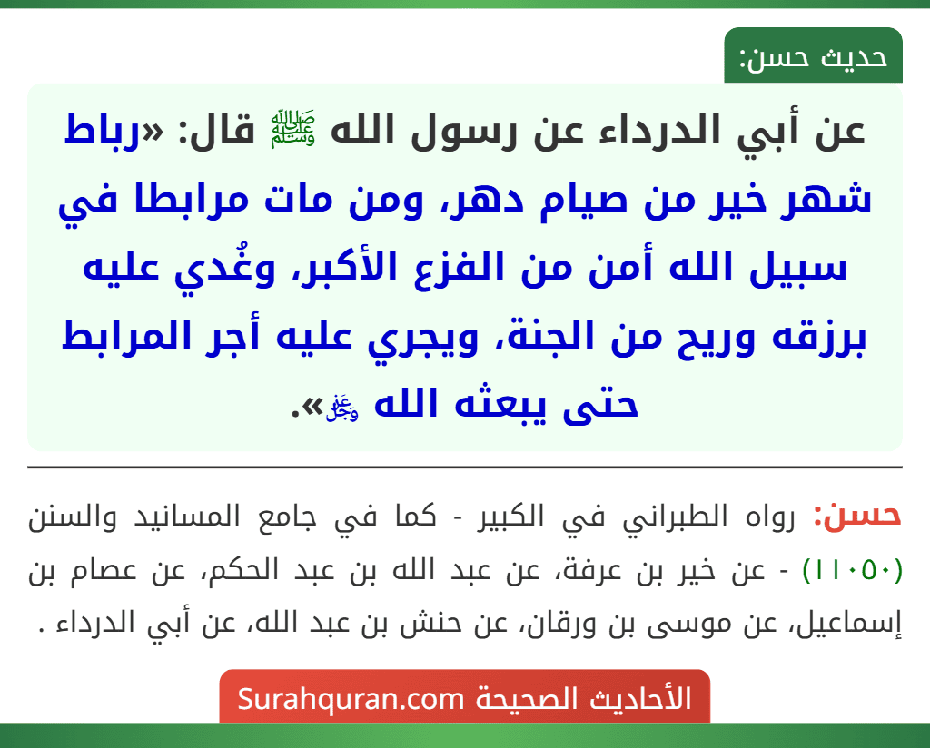 عن أبي الدرداء عن رسول الله ﷺ قال: «رباط شهر خير من صيام دهر، ومن مات مرابطا في سبيل الله أمن من الفزع الأكبر، وغُدي عليه برزقه وريح من الجنة، ويجري عليه أجر المرابط حتى يبعثه الله ﷿».