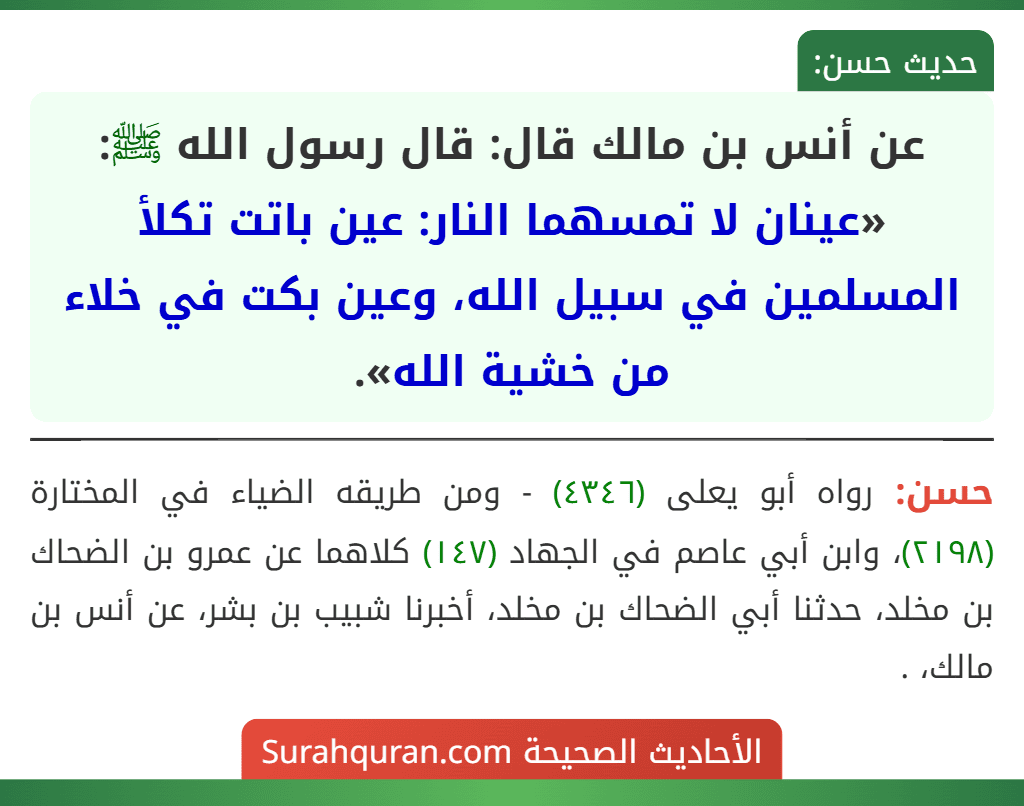 عن أنس بن مالك قال: قال رسول الله ﷺ: «عينان لا تمسهما النار: عين باتت تكلأ المسلمين في سبيل الله، وعين بكت في خلاء من خشية الله».