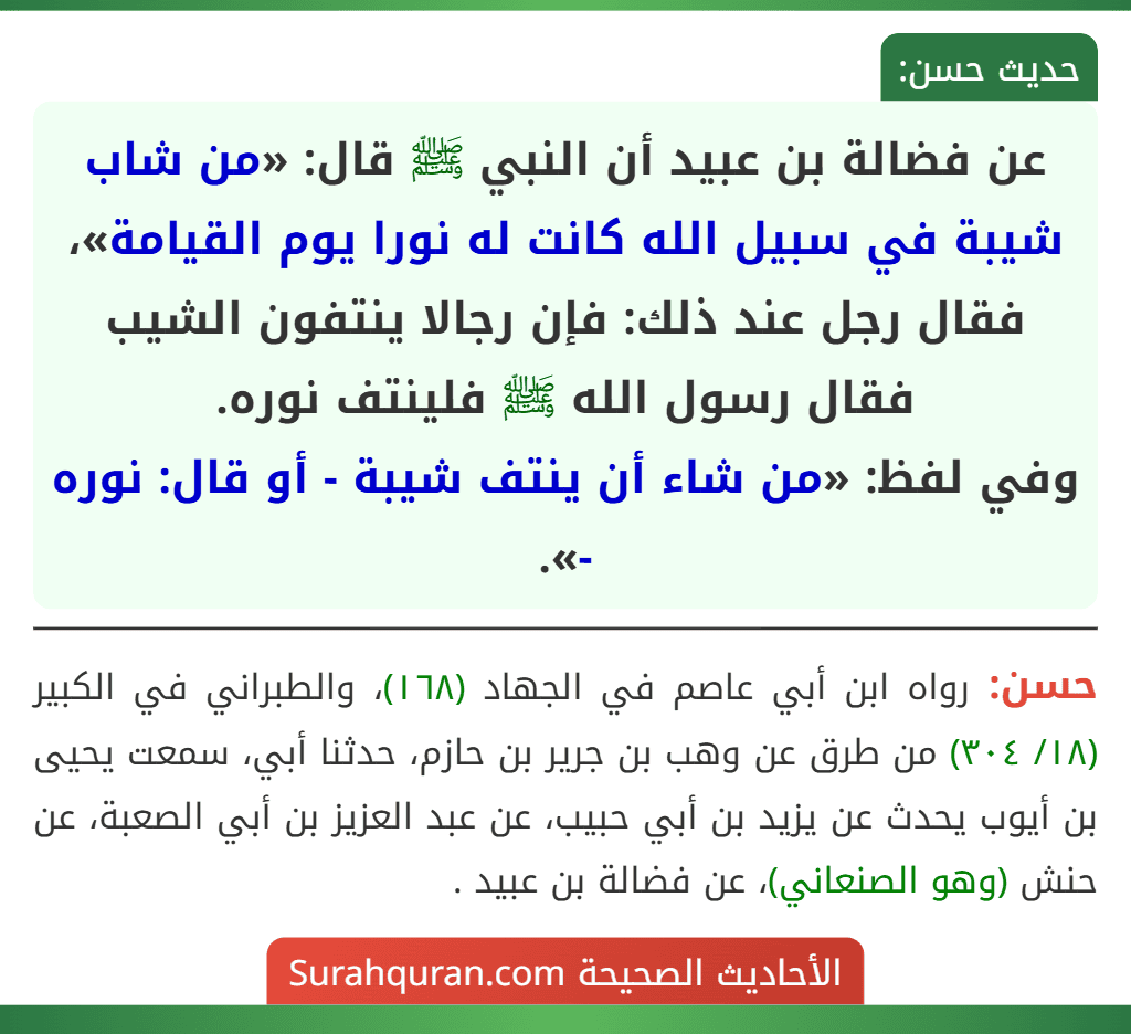 عن فضالة بن عبيد أن النبي ﷺ قال: «من شاب شيبة في سبيل الله كانت له نورا يوم القيامة»، فقال رجل عند ذلك: فإن رجالا ينتفون الشيب فقال رسول الله ﷺ فلينتف نوره.
وفي لفظ: «من شاء أن ينتف شيبة - أو قال: نوره -».