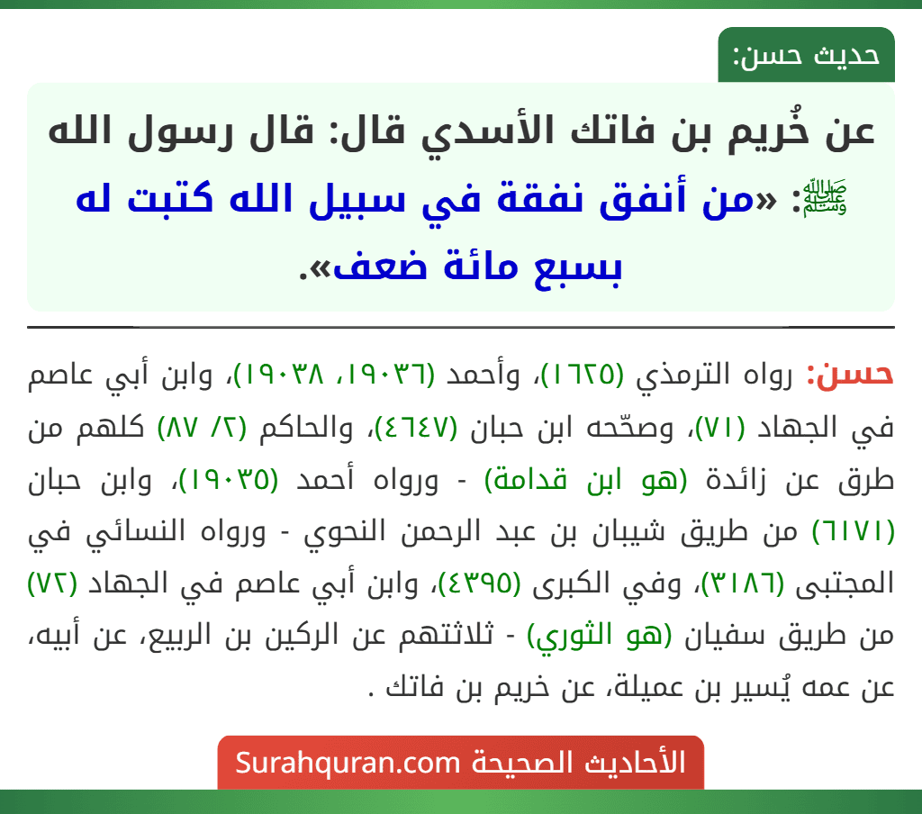 عن خُريم بن فاتك الأسدي قال: قال رسول الله ﷺ: «من أنفق نفقة في سبيل الله كتبت له بسبع مائة ضعف».