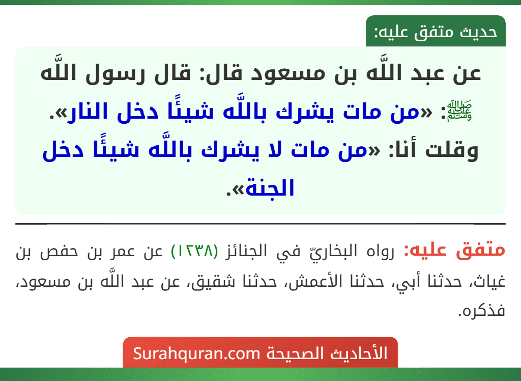 عن عبد اللَّه بن مسعود قال: قال رسول اللَّه ﷺ: «من مات يشرك باللَّه شيئًا دخل النار». وقلت أنا: «من مات لا يشرك باللَّه شيئًا دخل الجنة». عن عبد اللَّه بن مسعود قال: قال رسول اللَّه ﷺ: «من مات يشرك باللَّه شيئًا دخل النار». وقلت أنا: «من مات لا يشرك باللَّه شيئًا دخل الجنة».
