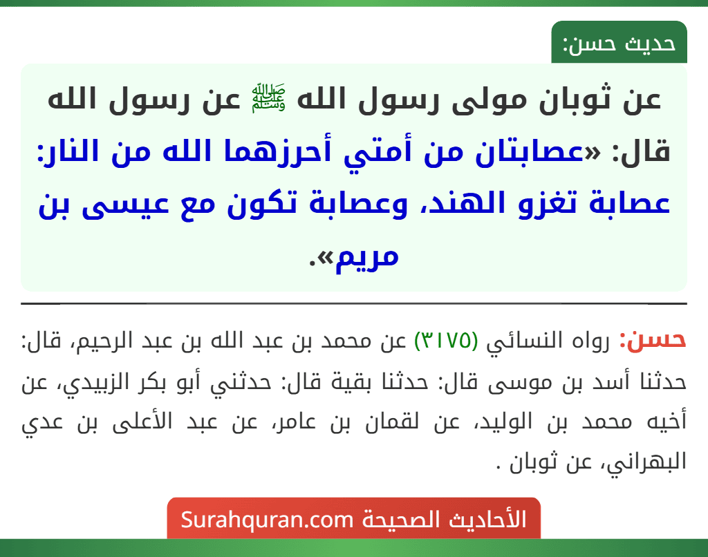 عن ثوبان مولى رسول الله ﷺ عن رسول الله قال: «عصابتان من أمتي أحرزهما الله من النار: عصابة تغزو الهند، وعصابة تكون مع عيسى بن مريم».