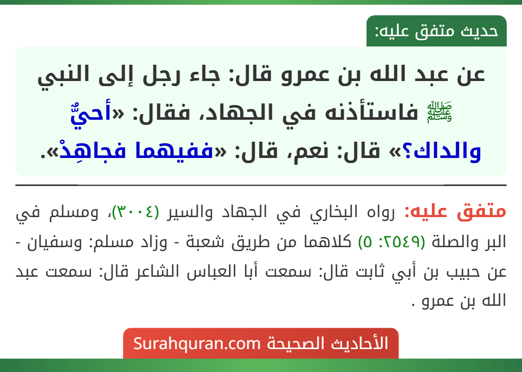 عن عبد الله بن عمرو قال: جاء رجل إلى النبي ﷺ فاستأذنه في الجهاد، فقال: «أحيٌّ والداك؟» قال: نعم، قال: «ففيهما فجاهِدْ».