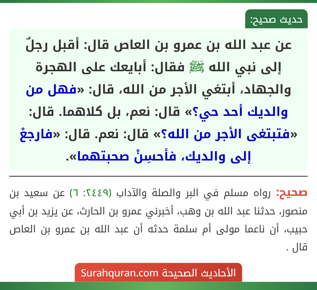 عن عبد الله بن عمرو بن العاص قال: أقبل رجلٌ إلى نبي الله ﷺ فقال: أبايعك على الهجرة والجهاد، أبتغي الأجر من الله، قال: «فهل من والديك أحد حي؟» قال: نعم، بل كلاهما. قال: «فتبتغى الأجر من الله؟» قال: نعم. قال: «فارجعْ إلى والديك، فأحسِنْ صحبتهما». عن عبد الله بن عمرو بن العاص قال: أقبل رجلٌ إلى نبي الله ﷺ فقال: أبايعك على الهجرة والجهاد، أبتغي الأجر من الله، قال: «فهل من والديك أحد حي؟» قال: نعم، بل كلاهما. قال: «فتبتغى الأجر من الله؟» قال: نعم. قال: «فارجعْ إلى والديك، فأحسِنْ صحبتهما».