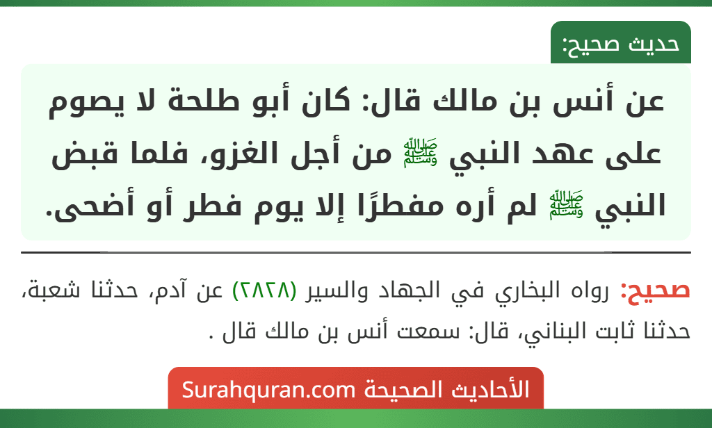 عن أنس بن مالك قال: كان أبو طلحة لا يصوم على عهد النبي ﷺ من أجل الغزو، فلما قبض النبي ﷺ لم أره مفطرًا إلا يوم فطر أو أضحى.