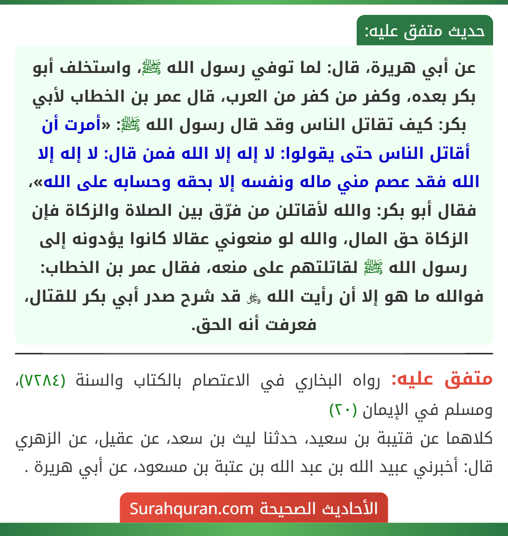 عن أبي هريرة، قال: لما توفي رسول الله ﷺ، واستخلف أبو بكر بعده، وكفر من كفر من العرب، قال عمر بن الخطاب لأبي بكر: كيف تقاتل الناس وقد قال رسول الله ﷺ: «أمرت أن أقاتل الناس حتى يقولوا: لا إله إلا الله فمن قال: لا إله إلا الله فقد عصم مني ماله ونفسه إلا بحقه وحسابه على الله»، فقال أبو بكر: والله لأقاتلن من فرّق بين الصلاة والزكاة فإن الزكاة حق المال، والله لو منعوني عقالا كانوا يؤدونه إلى رسول الله ﷺ لقاتلتهم على منعه، فقال عمر بن الخطاب: فوالله ما هو إلا أن رأيت الله ﷿ قد شرح صدر أبي بكر للقتال، فعرفت أنه الحق.
