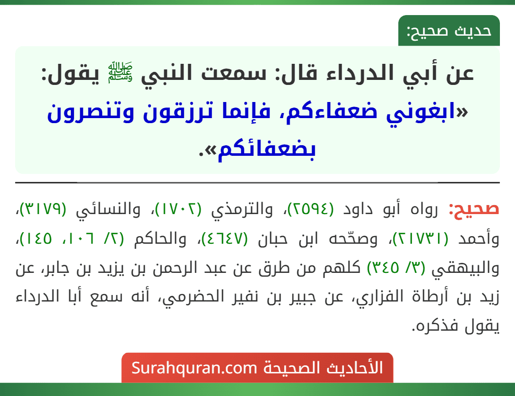 عن أبي الدرداء قال: سمعت النبي ﷺ يقول: «ابغوني ضعفاءكم، فإنما ترزقون وتنصرون بضعفائكم».