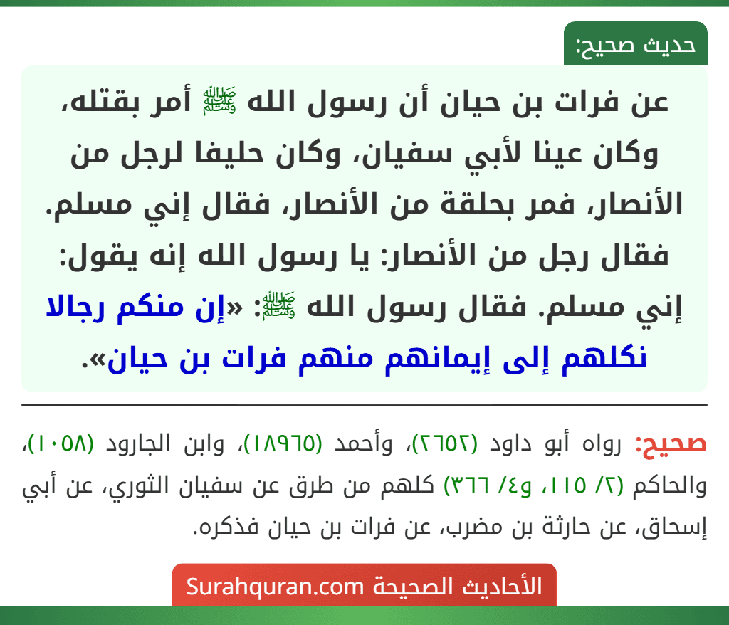 عن فرات بن حيان أن رسول الله ﷺ أمر بقتله، وكان عينا لأبي سفيان، وكان حليفا لرجل من الأنصار، فمر بحلقة من الأنصار، فقال إني مسلم. فقال رجل من الأنصار: يا رسول الله إنه يقول: إني مسلم. فقال رسول الله ﷺ: «إن منكم رجالا نكلهم إلى إيمانهم منهم فرات بن حيان».