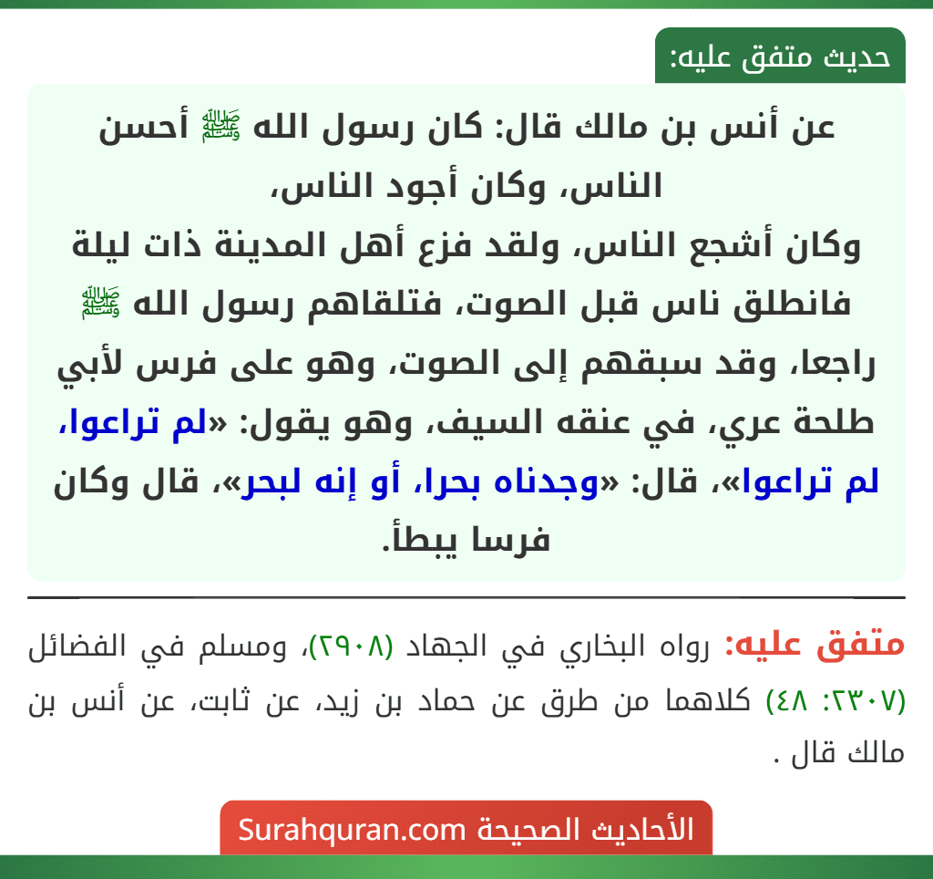 عن أنس بن مالك قال: كان رسول الله ﷺ أحسن الناس، وكان أجود الناس،
وكان أشجع الناس، ولقد فزع أهل المدينة ذات ليلة فانطلق ناس قبل الصوت، فتلقاهم رسول الله ﷺ راجعا، وقد سبقهم إلى الصوت، وهو على فرس لأبي طلحة عري، في عنقه السيف، وهو يقول: «لم تراعوا، لم تراعوا»، قال: «وجدناه بحرا، أو إنه لبحر»، قال وكان فرسا يبطأ.