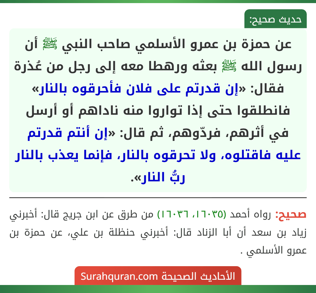 عن حمزة بن عمرو الأسلمي صاحب النبي ﷺ أن رسول الله ﷺ بعثه ورهطا معه إلى رجل من عُذرة فقال: «إن قدرتم على فلان فأحرقوه بالنار» فانطلقوا حتى إذا تواروا منه ناداهم أو أرسل في أثرهم، فردّوهم، ثم قال: «إن أنتم قدرتم عليه فاقتلوه، ولا تحرقوه بالنار، فإنما يعذب بالنار ربُّ النار».