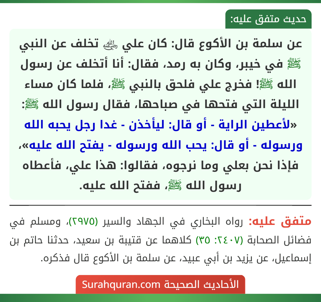 عن سلمة بن الأكوع قال: كان علي ﵁ تخلف عن النبي ﷺ في خيبر، وكان به رمد، فقال: أنا أتخلف عن رسول الله ﷺ! فخرج علي فلحق بالنبي ﷺ، فلما كان مساء الليلة التي فتحها في صباحها، فقال رسول الله ﷺ: «لأعطين الراية - أو قال: ليأخذن - غدا رجل يحبه الله ورسوله - أو قال: يحب الله ورسوله - يفتح الله عليه»، فإذا نحن بعلي وما نرجوه، فقالوا: هذا علي، فأعطاه رسول الله ﷺ، ففتح الله عليه.