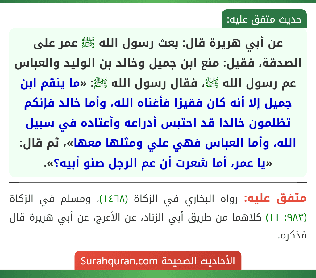 عن أبي هريرة قال: بعث رسول الله ﷺ عمر على الصدقة، فقيل: منع ابن جميل وخالد بن الوليد والعباس عم رسول الله ﷺ، فقال رسول الله ﷺ: «ما ينقم ابن جميل إلا أنه كان فقيرًا فأغناه الله، وأما خالد فإنكم تظلمون خالدا قد احتبس أدراعه وأعتاده في سبيل الله، وأما العباس فهي علي ومثلها معها»، ثم قال: «يا عمر، أما شعرت أن عم الرجل صنو أبيه؟». عن أبي هريرة قال: بعث رسول الله ﷺ عمر على الصدقة، فقيل: منع ابن جميل وخالد بن الوليد والعباس عم رسول الله ﷺ، فقال رسول الله ﷺ: «ما ينقم ابن جميل إلا أنه كان فقيرًا فأغناه الله، وأما خالد فإنكم تظلمون خالدا قد احتبس أدراعه وأعتاده في سبيل الله، وأما العباس فهي علي ومثلها معها»، ثم قال: «يا عمر، أما شعرت أن عم الرجل صنو أبيه؟».