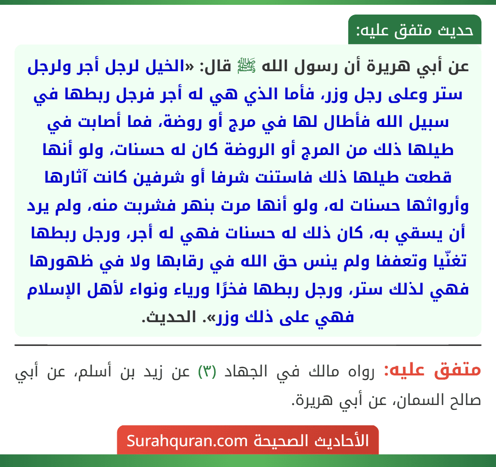 عن أبي هريرة أن رسول الله ﷺ قال: «الخيل لرجل أجر ولرجل ستر وعلى رجل وزر، فأما الذي هي له أجر فرجل ربطها في سبيل الله فأطال لها في مرج أو روضة، فما أصابت في طيلها ذلك من المرج أو الروضة كان له حسنات، ولو أنها قطعت طيلها ذلك فاستنت شرفا أو شرفين كانت آثارها وأرواثها حسنات له، ولو أنها مرت بنهر فشربت منه، ولم يرد أن يسقي به، كان ذلك له حسنات فهي له أجر، ورجل ربطها تغنّيا وتعففا ولم ينس حق الله في رقابها ولا في ظهورها فهي لذلك ستر، ورجل ربطها فخرًا ورياء ونواء لأهل الإسلام فهي على ذلك وزر». الحديث.