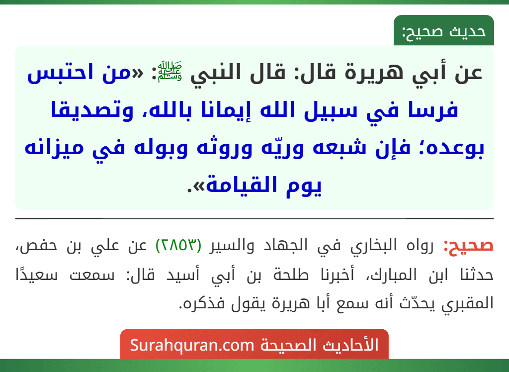 عن أبي هريرة قال: قال النبي ﷺ: «من احتبس فرسا في سبيل الله إيمانا بالله، وتصديقا بوعده؛ فإن شبعه وريّه وروثه وبوله في ميزانه يوم القيامة».