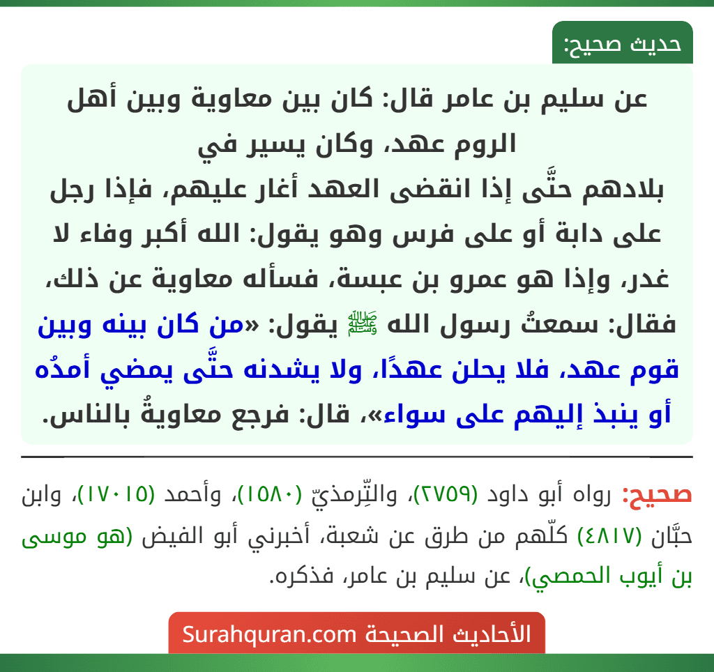 عن سليم بن عامر قال: كان بين معاوية وبين أهل الروم عهد، وكان يسير في
بلادهم حتَّى إذا انقضى العهد أغار عليهم، فإذا رجل على دابة أو على فرس وهو يقول: الله أكبر وفاء لا غدر، وإذا هو عمرو بن عبسة، فسأله معاوية عن ذلك، فقال: سمعتُ رسول الله ﷺ يقول: «من كان بينه وبين قوم عهد، فلا يحلن عهدًا، ولا يشدنه حتَّى يمضي أمدُه أو ينبذ إليهم على سواء»، قال: فرجع معاويةُ بالناس.