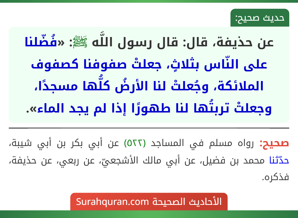 عن حذيفة، قال: قال رسول اللَّه ﷺ: «فُضّلنا على النّاس بثلاثٍ، جعلتْ صفوفنا كصفوف الملائكة، وجُعلتْ لنا الأرضُ كلُّها مسجدًا، وجعلتْ تربتُها لنا طهورًا إذا لم يجد الماء». عن حذيفة، قال: قال رسول اللَّه ﷺ: «فُضّلنا على النّاس بثلاثٍ، جعلتْ صفوفنا كصفوف الملائكة، وجُعلتْ لنا الأرضُ كلُّها مسجدًا، وجعلتْ تربتُها لنا طهورًا إذا لم يجد الماء».